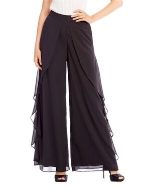 Belle Badgley Mischka | Novelty Black Trim Ruffle-Detail Wide-Leg Pants